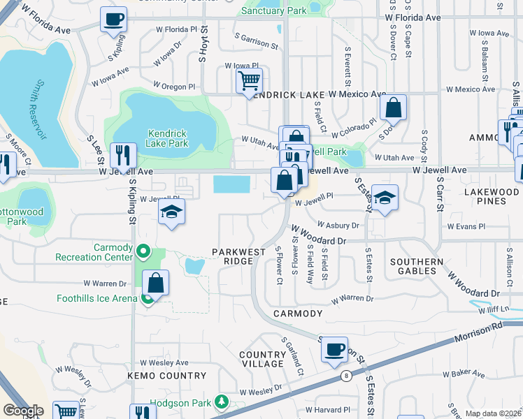 map of restaurants, bars, coffee shops, grocery stores, and more near 9225 West Jewell Place in Lakewood
