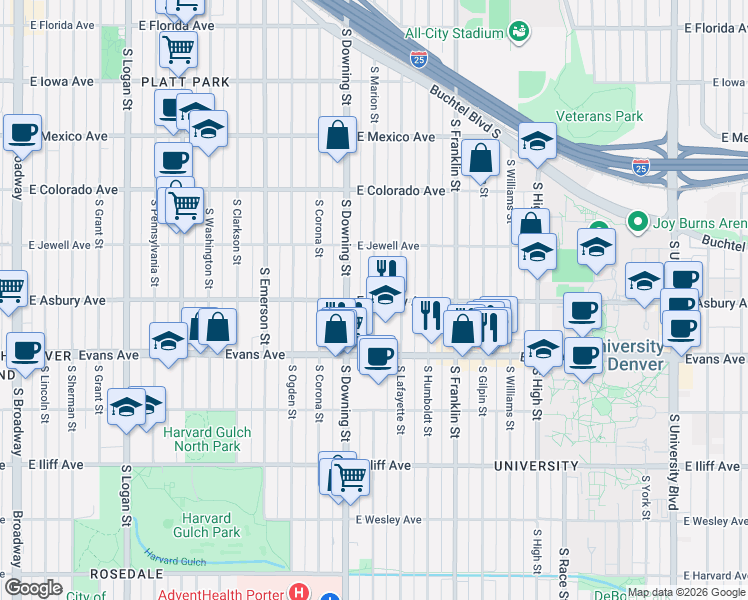 map of restaurants, bars, coffee shops, grocery stores, and more near East Asbury Avenue & South Marion Street in Denver