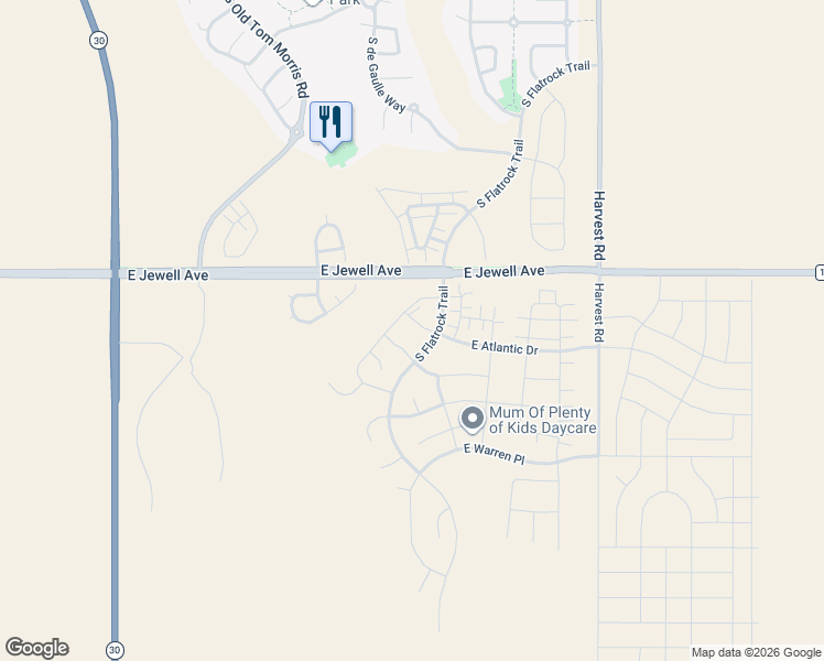 map of restaurants, bars, coffee shops, grocery stores, and more near East Atlantic Drive in Aurora