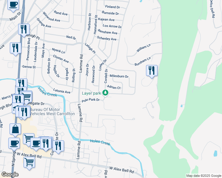 map of restaurants, bars, coffee shops, grocery stores, and more near 4888 Cordell Drive in Dayton