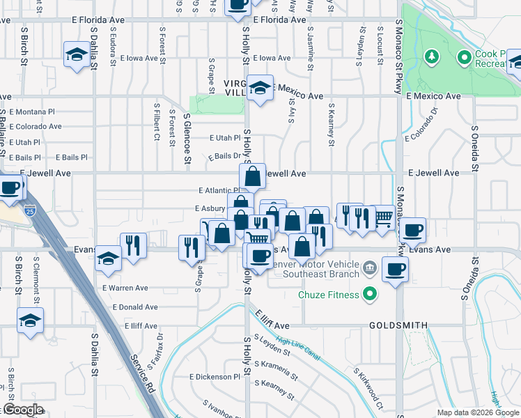 map of restaurants, bars, coffee shops, grocery stores, and more near 1970 South Holly Street in Denver