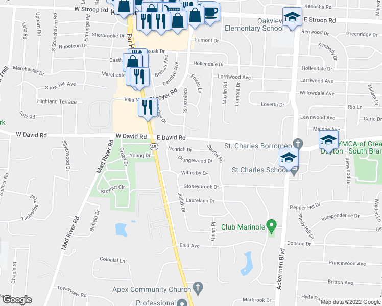 map of restaurants, bars, coffee shops, grocery stores, and more near 400 Henrich Drive in Dayton