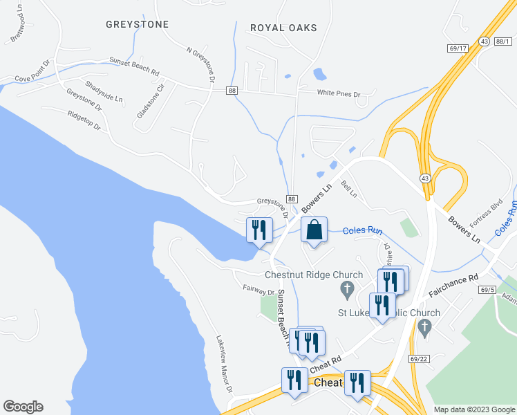map of restaurants, bars, coffee shops, grocery stores, and more near 1022 Greystone Circle in Morgantown