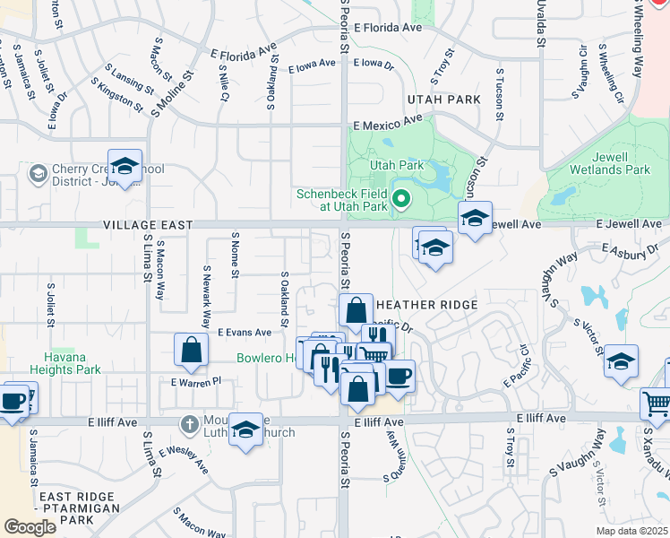 map of restaurants, bars, coffee shops, grocery stores, and more near 1900 South Peoria Street in Aurora