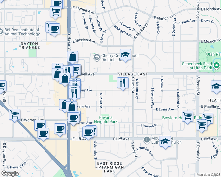 map of restaurants, bars, coffee shops, grocery stores, and more near 1963 South Kenton Court in Aurora