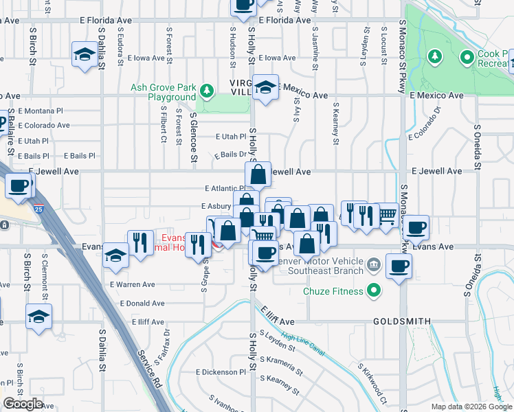 map of restaurants, bars, coffee shops, grocery stores, and more near 1970 South Holly Street in Denver
