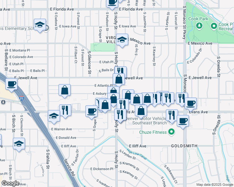 map of restaurants, bars, coffee shops, grocery stores, and more near 1970 South Holly Street in Denver