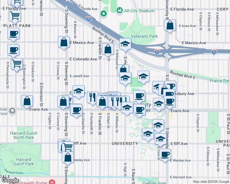 map of restaurants, bars, coffee shops, grocery stores, and more near 1723 East Asbury Avenue in Denver