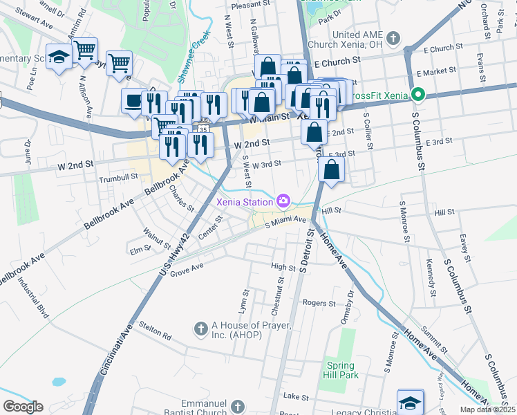 map of restaurants, bars, coffee shops, grocery stores, and more near 100-199 Railroad Street in Xenia