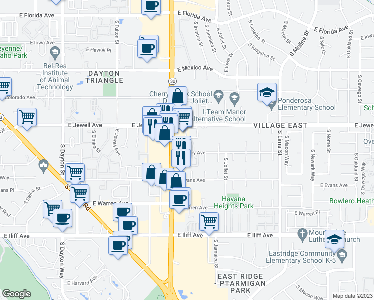 map of restaurants, bars, coffee shops, grocery stores, and more near 10571 East Asbury Avenue in Aurora