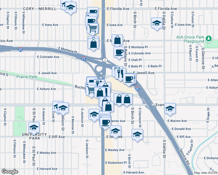 map of restaurants, bars, coffee shops, grocery stores, and more near in Denver