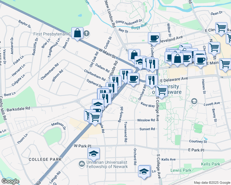 map of restaurants, bars, coffee shops, grocery stores, and more near 100 Delaware 896 in Newark