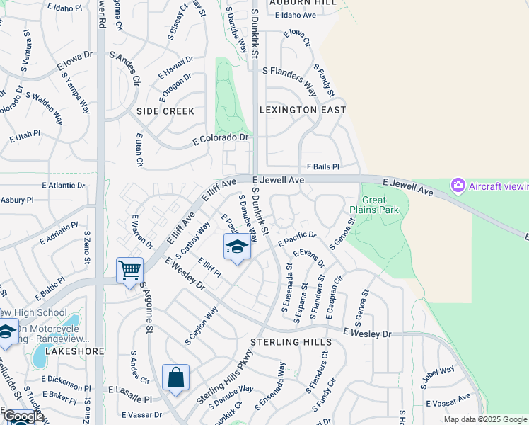 map of restaurants, bars, coffee shops, grocery stores, and more near 2046 South Danube Way in Aurora