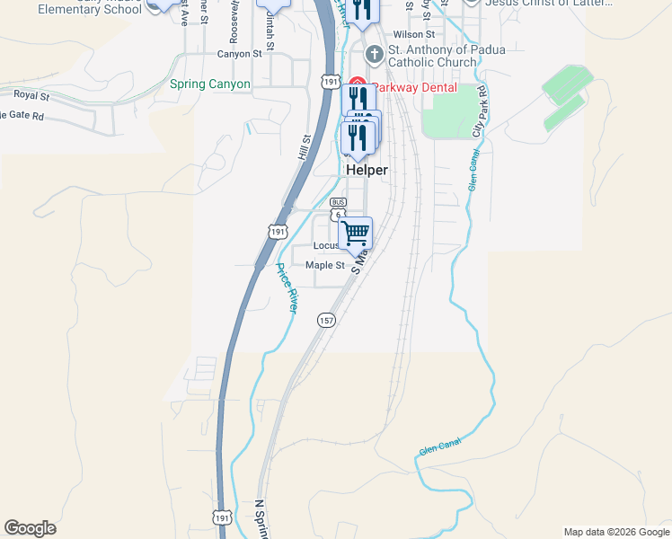 map of restaurants, bars, coffee shops, grocery stores, and more near 32 Industrial Road in Helper