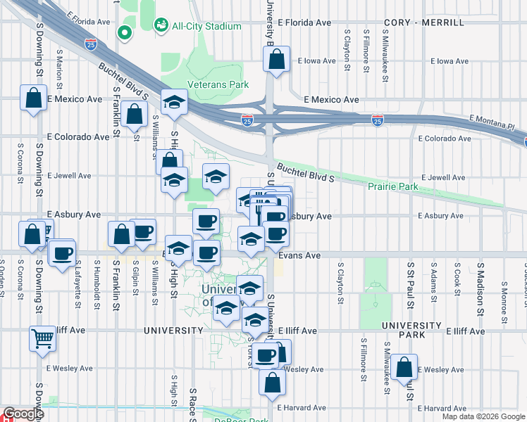 map of restaurants, bars, coffee shops, grocery stores, and more near 1995 South University Boulevard in Denver