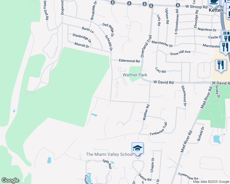 map of restaurants, bars, coffee shops, grocery stores, and more near 4518 Troon Trail in Dayton