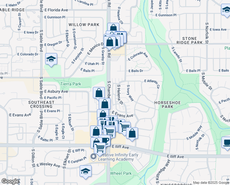 map of restaurants, bars, coffee shops, grocery stores, and more near 1920 South Hannibal Street in Aurora