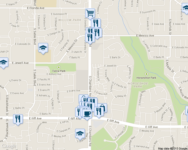 map of restaurants, bars, coffee shops, grocery stores, and more near 1920 South Hannibal Street in Aurora