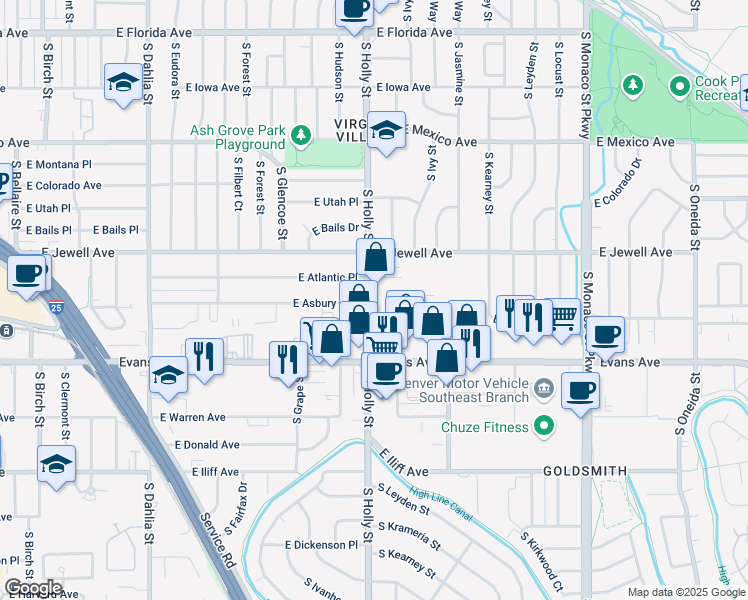 map of restaurants, bars, coffee shops, grocery stores, and more near 1970 South Holly Street in Denver