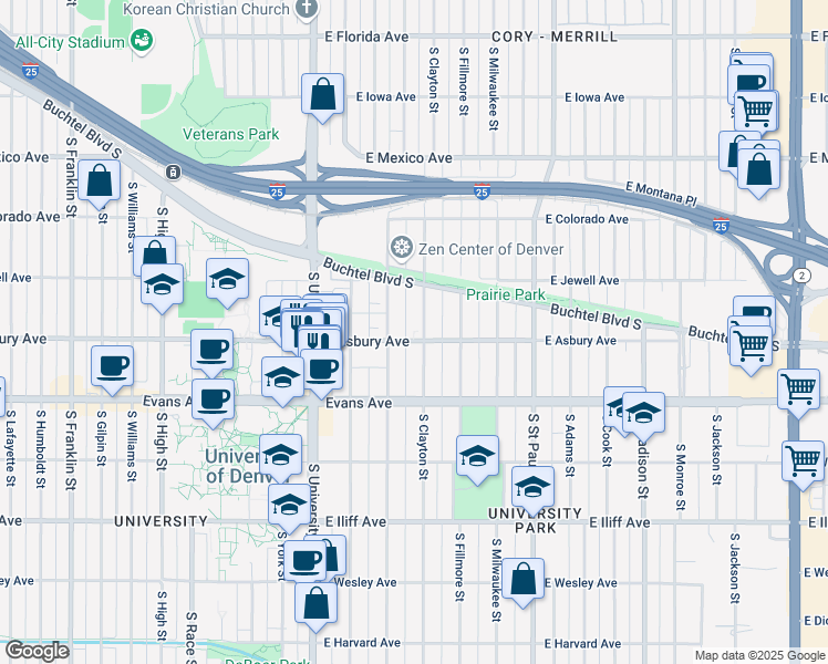 map of restaurants, bars, coffee shops, grocery stores, and more near 1940 South Clayton Street in Denver