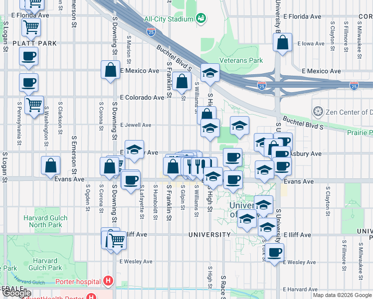 map of restaurants, bars, coffee shops, grocery stores, and more near 1960 South Gilpin Street in Denver