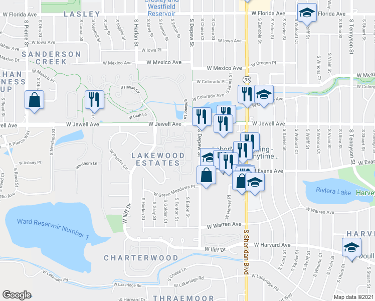 map of restaurants, bars, coffee shops, grocery stores, and more near 5730 West Atlantic Place in Lakewood