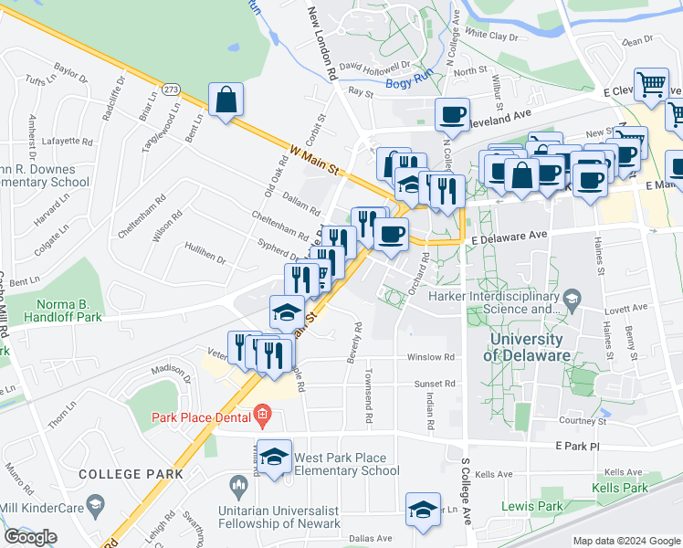 map of restaurants, bars, coffee shops, grocery stores, and more near 100 Delaware 896 in Newark
