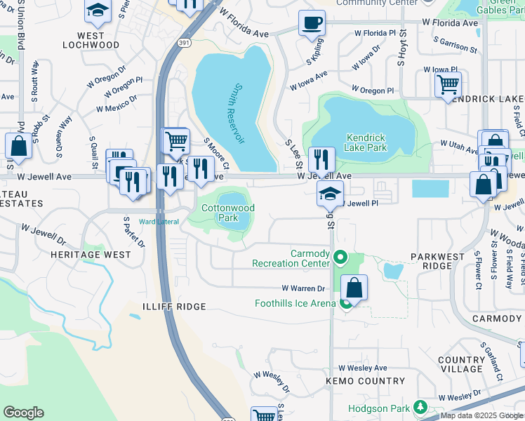 map of restaurants, bars, coffee shops, grocery stores, and more near 10200 West Asbury Avenue in Lakewood