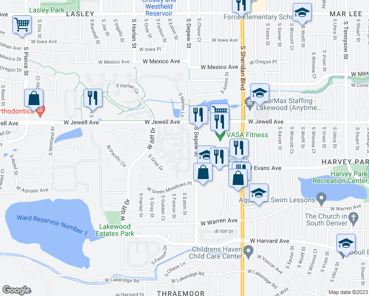 map of restaurants, bars, coffee shops, grocery stores, and more near 5705 West Atlantic Place in Lakewood