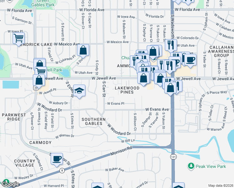 map of restaurants, bars, coffee shops, grocery stores, and more near 2061 South Balsam Street in Lakewood