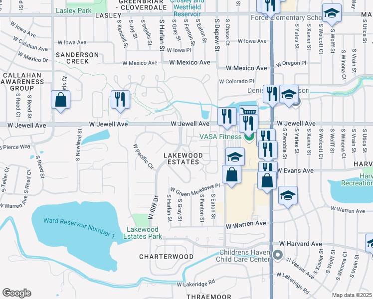 map of restaurants, bars, coffee shops, grocery stores, and more near 5882 West Asbury Place in Lakewood