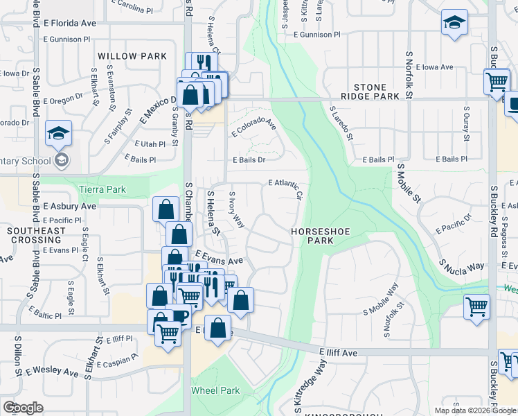 map of restaurants, bars, coffee shops, grocery stores, and more near 15603 East Atlantic Circle in Aurora