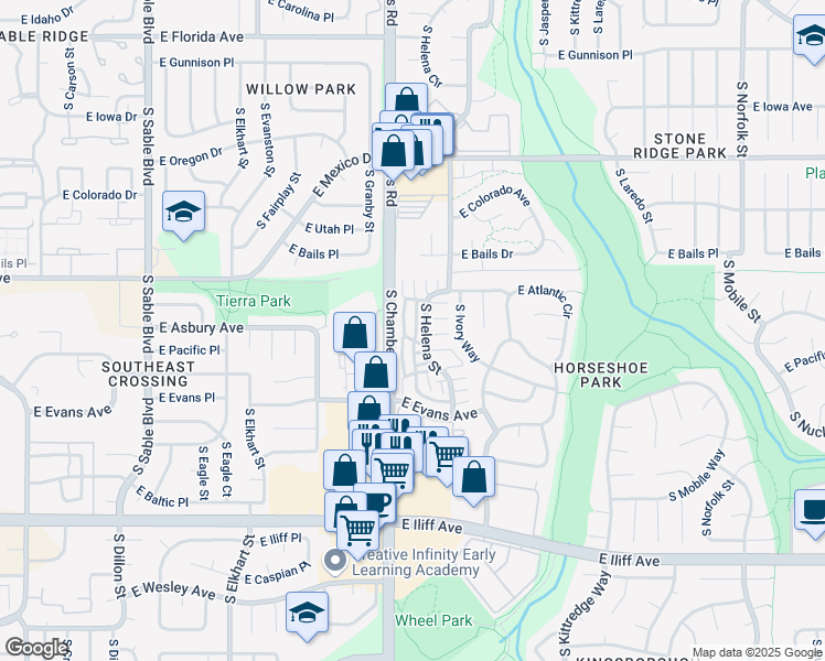 map of restaurants, bars, coffee shops, grocery stores, and more near 1920 South Hannibal Street in Aurora