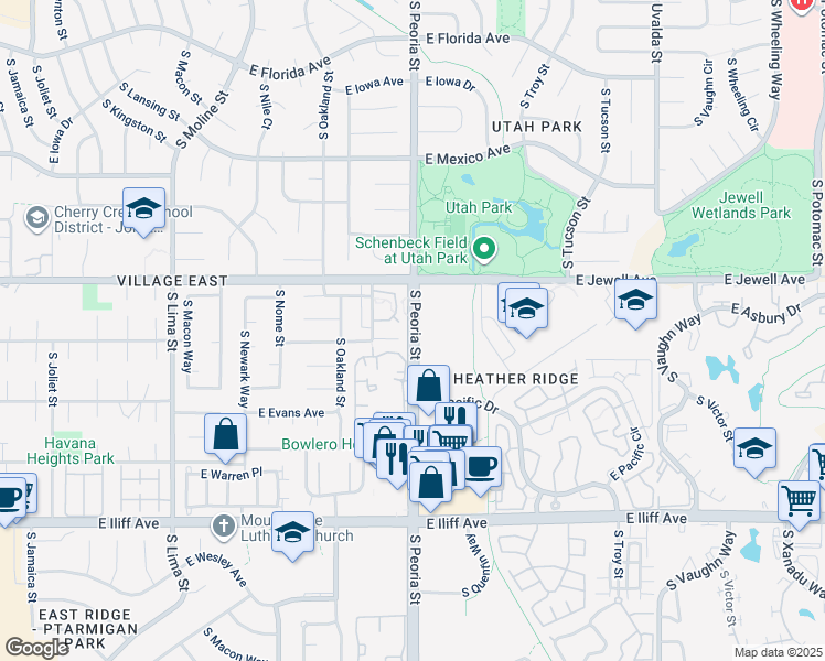 map of restaurants, bars, coffee shops, grocery stores, and more near 1900 South Peoria Street in Aurora
