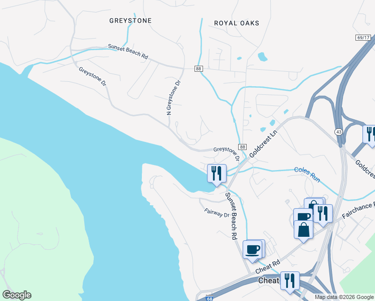 map of restaurants, bars, coffee shops, grocery stores, and more near 3013 Greystone Drive in Morgantown