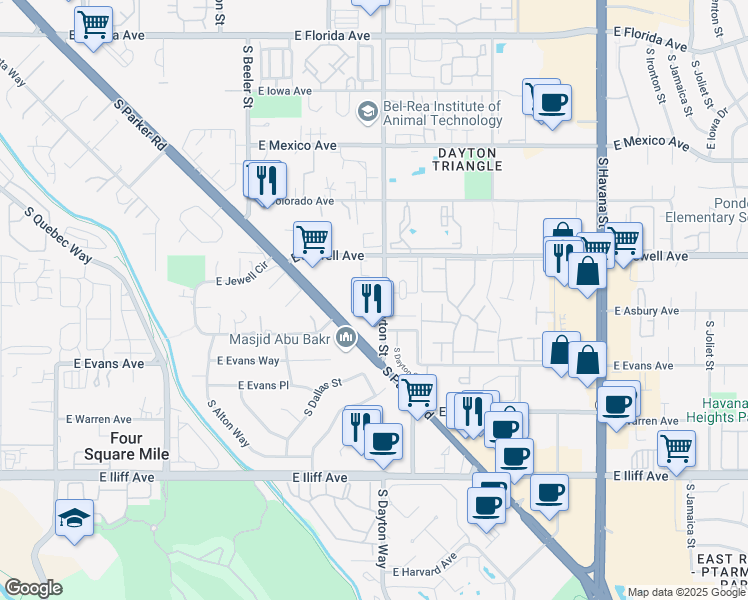 map of restaurants, bars, coffee shops, grocery stores, and more near 1975 South Dayton Street in Denver