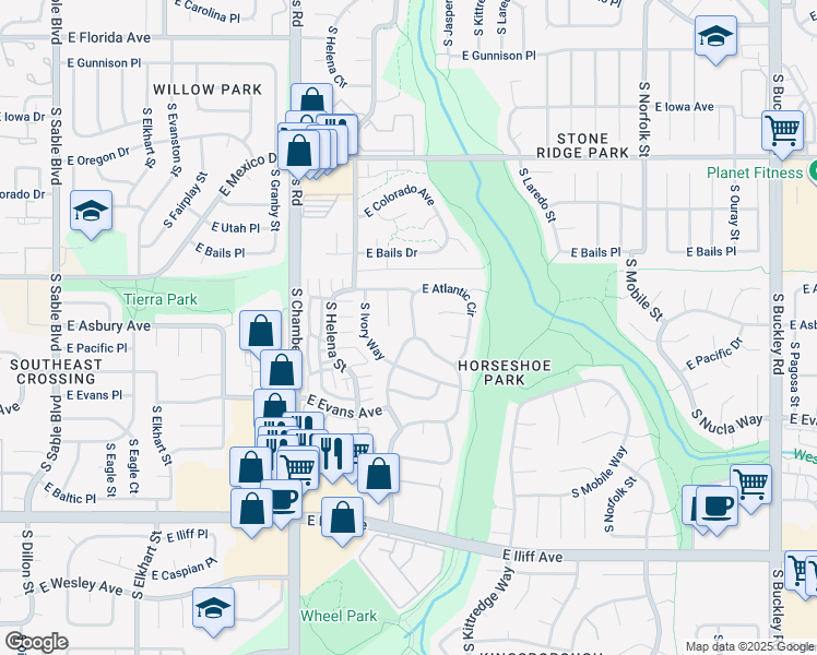 map of restaurants, bars, coffee shops, grocery stores, and more near 15603 East Atlantic Circle in Aurora