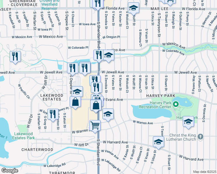 map of restaurants, bars, coffee shops, grocery stores, and more near 1989 South Zenobia Street in Denver