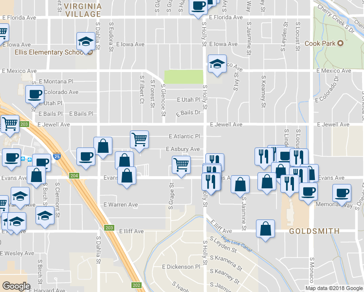 map of restaurants, bars, coffee shops, grocery stores, and more near 5366 East Atlantic Place in Denver