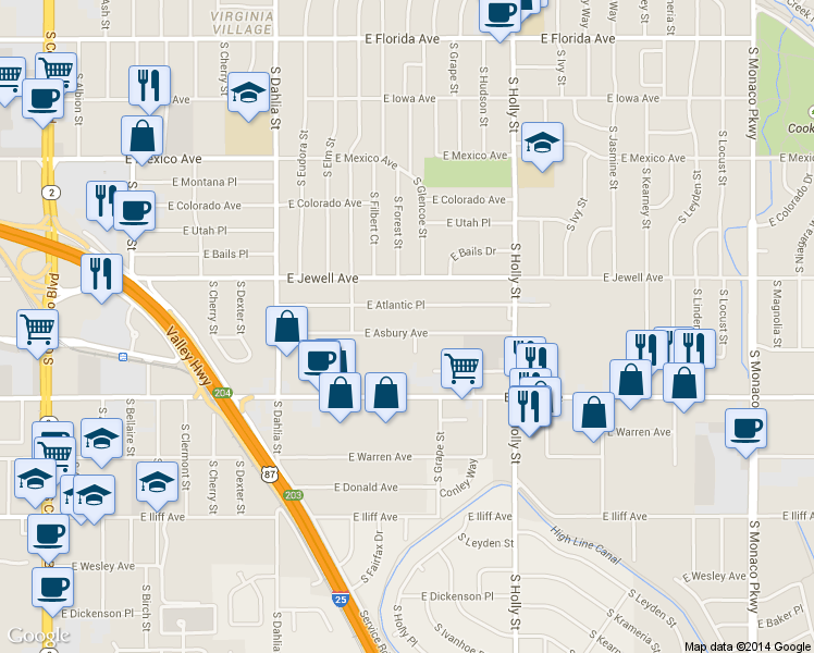map of restaurants, bars, coffee shops, grocery stores, and more near 5236 East Atlantic Place in Denver