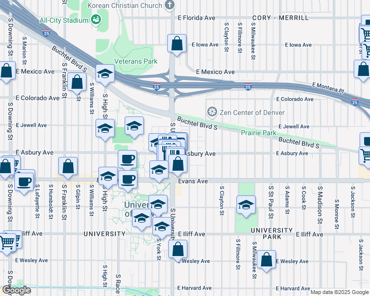 map of restaurants, bars, coffee shops, grocery stores, and more near 1955 South Josephine Street in Denver