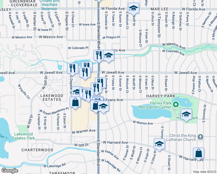 map of restaurants, bars, coffee shops, grocery stores, and more near 1989 South Zenobia Street in Denver