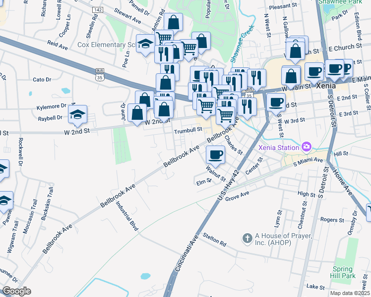 map of restaurants, bars, coffee shops, grocery stores, and more near 396 Bellbrook Avenue in Xenia
