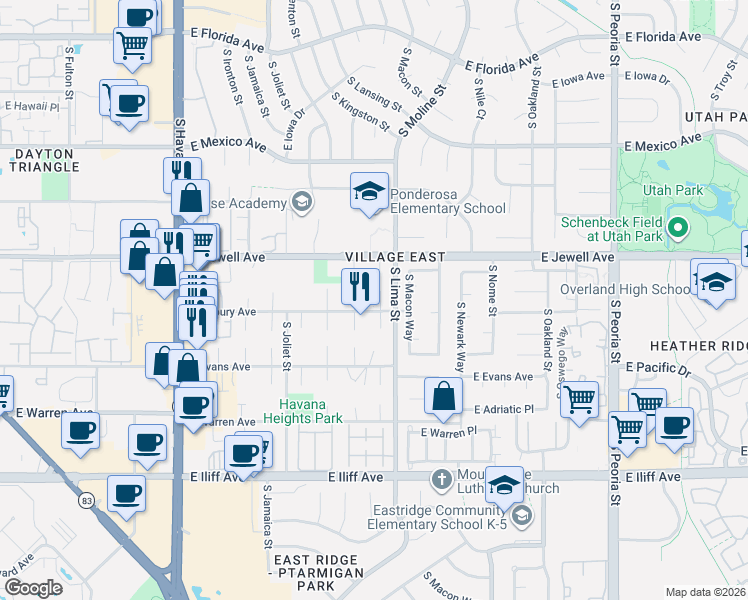 map of restaurants, bars, coffee shops, grocery stores, and more near 1949 South Lansing Court in Aurora