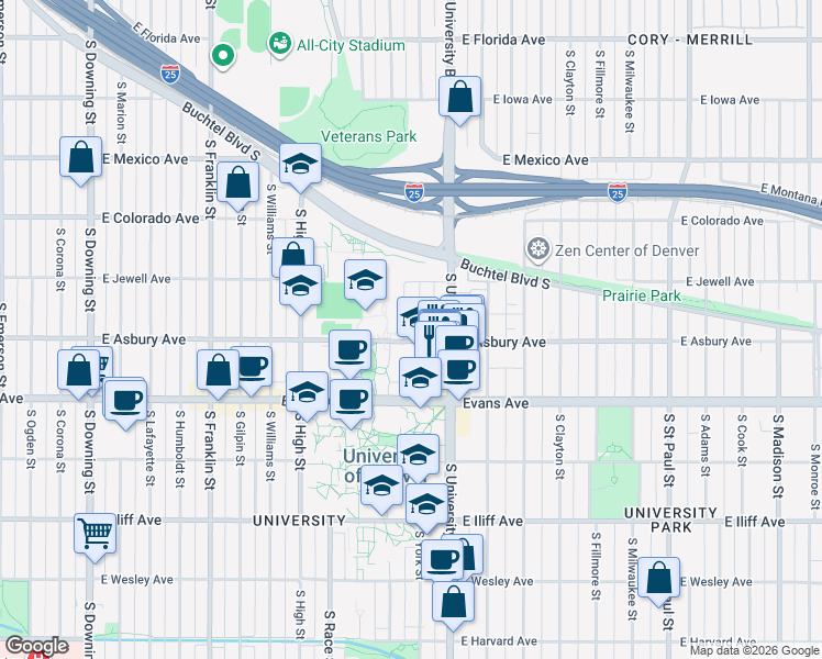 map of restaurants, bars, coffee shops, grocery stores, and more near 1945 South York Street in Denver