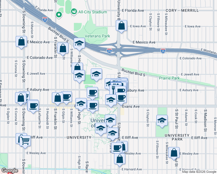 map of restaurants, bars, coffee shops, grocery stores, and more near 1945 South York Street in Denver