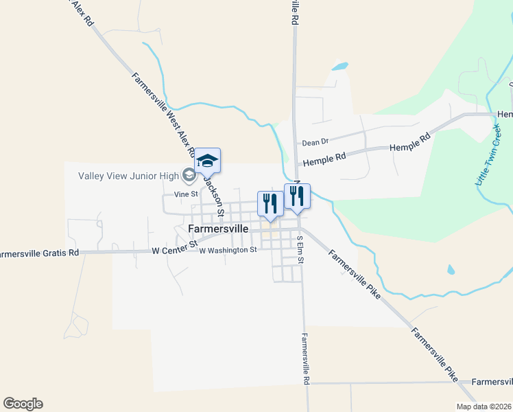 map of restaurants, bars, coffee shops, grocery stores, and more near 101 North Main Street in Farmersville