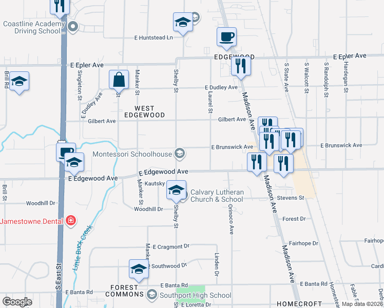 map of restaurants, bars, coffee shops, grocery stores, and more near 1133 East Brunswick Avenue in Indianapolis