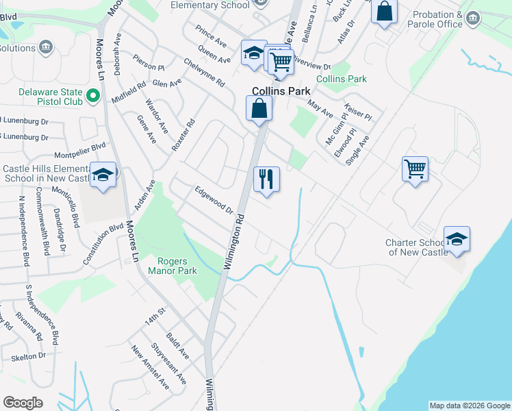 map of restaurants, bars, coffee shops, grocery stores, and more near 13 William Penn Square in New Castle