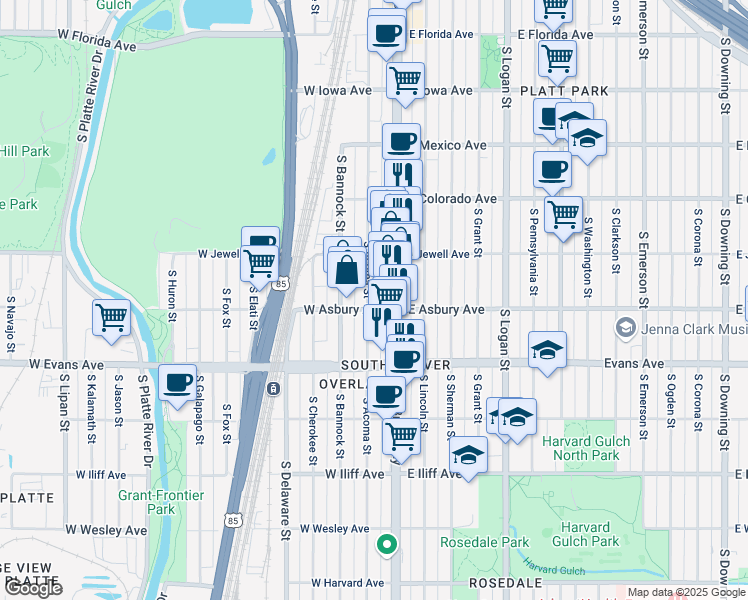 map of restaurants, bars, coffee shops, grocery stores, and more near 1959 South Broadway in Denver